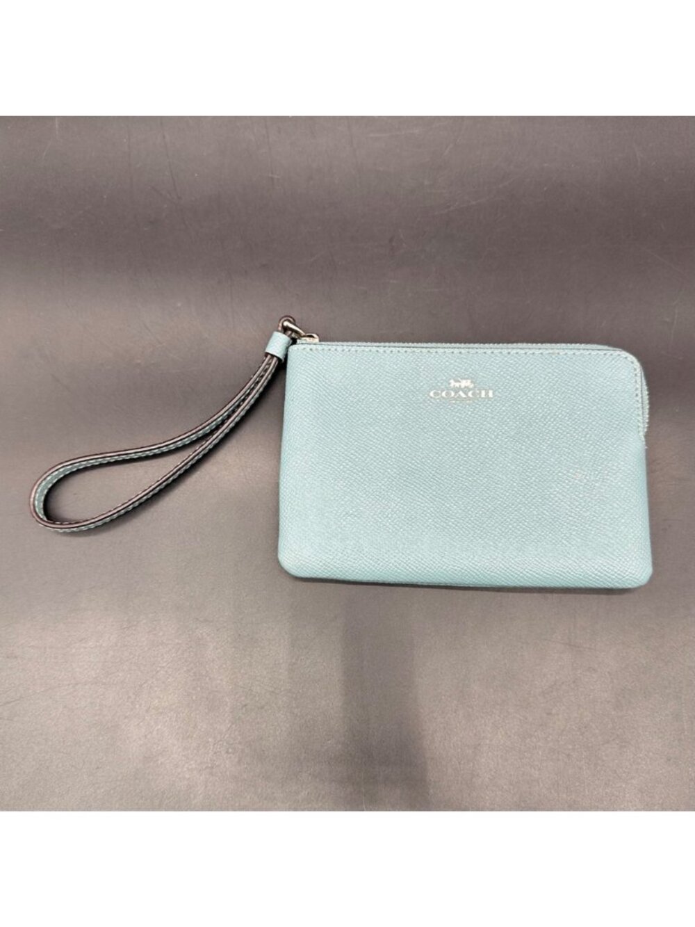 Coach Corner Zip Wristlet Wallet Blue Leather Strap Pebbled Leather Wristlet - Picture 2 of 14